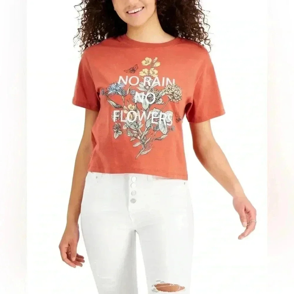 Love Tribe Juniors' No Rain No Flowers T-Shirt - Brown Size M